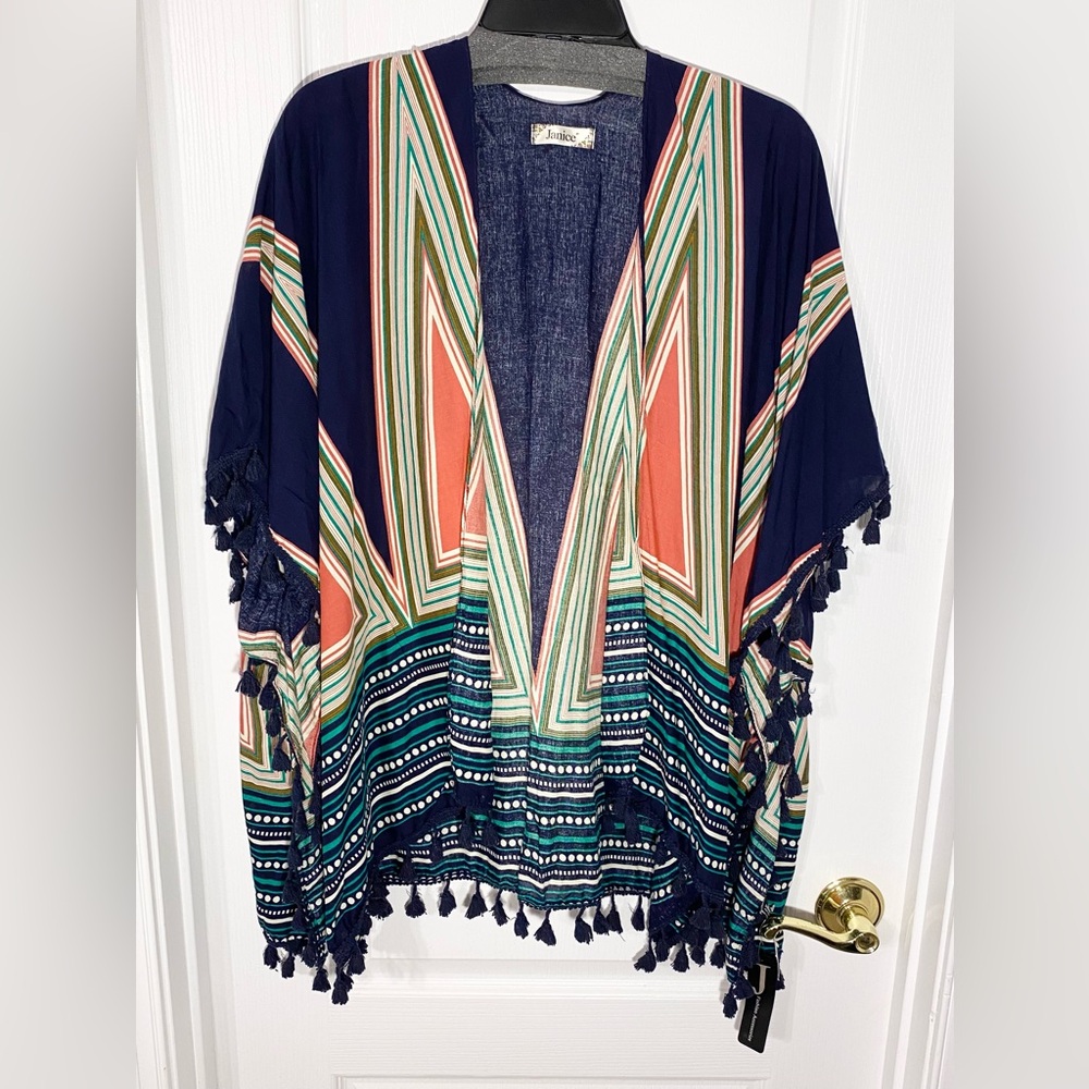 NWT Janice Tassel Trim Aztec Pattern Open Front Poncho Cape Navy One Size